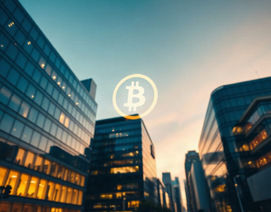 European financial district with a subtle Bitcoin hologram symbolizing institutional investment