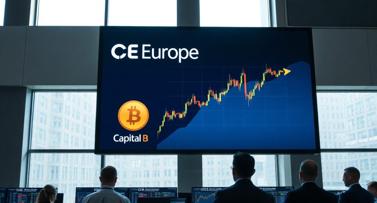 CBOE Europe trading floor with Bitcoin price chart on large screen