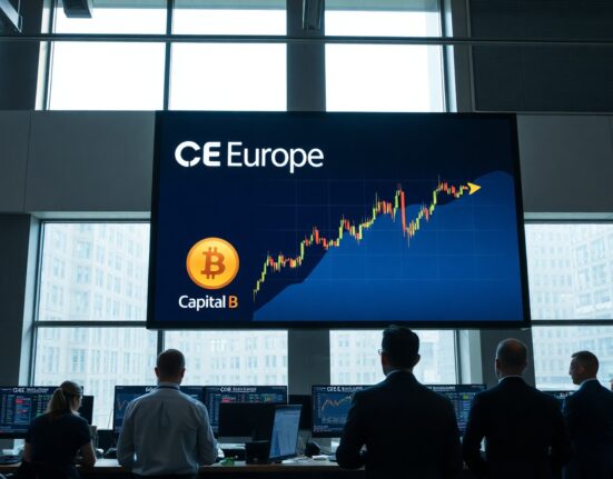 CBOE Europe trading floor with Bitcoin price chart on large screen