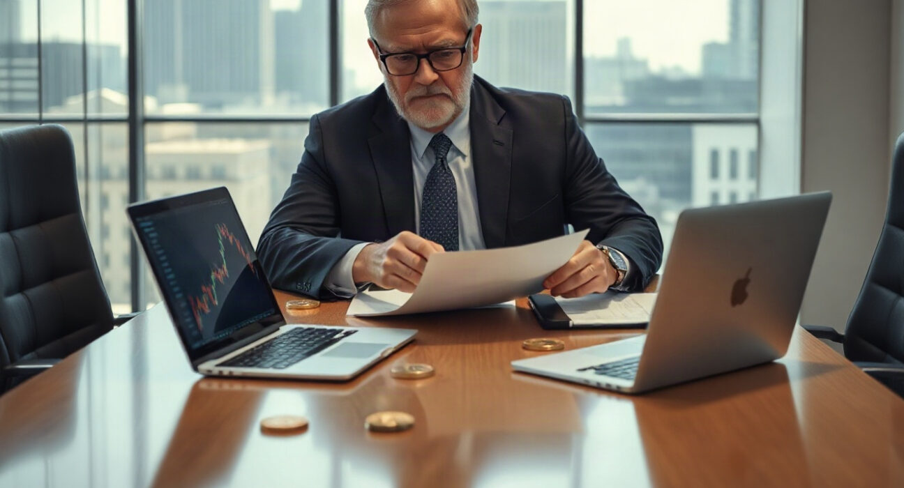 Executive reviewing Bitcoin investment documents in modern office