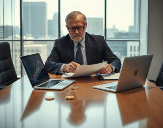 Executive reviewing Bitcoin investment documents in modern office