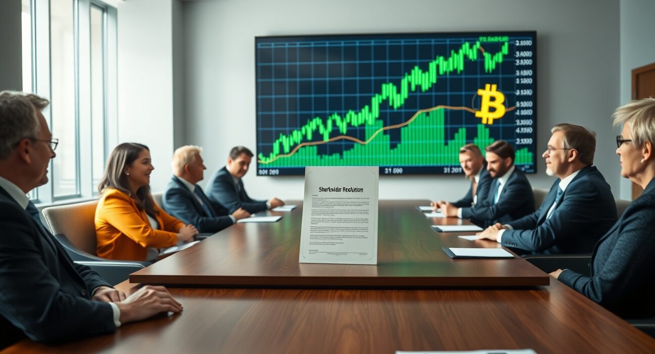 Corporate boardroom with executives reviewing Bitcoin acquisition funding proposal