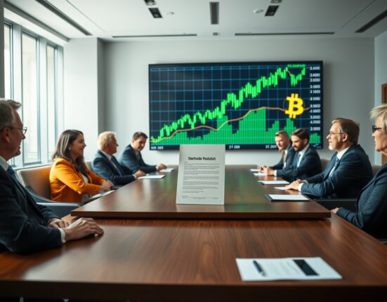 Corporate boardroom with executives reviewing Bitcoin acquisition funding proposal