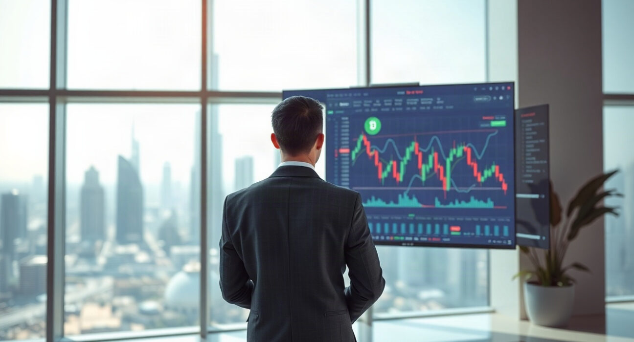 Professional trader monitoring cryptocurrency charts in a modern UAE office with city skyline view