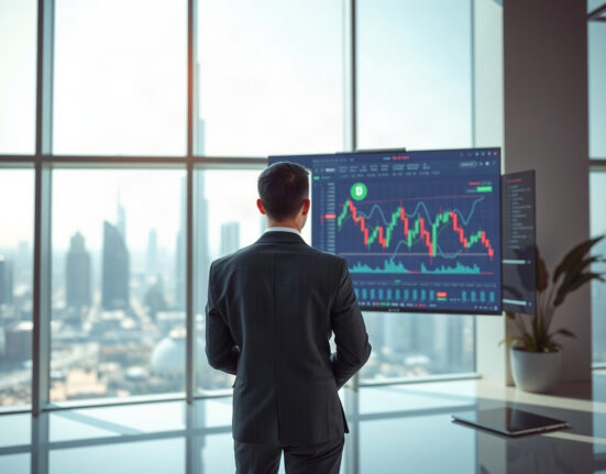 Professional trader monitoring cryptocurrency charts in a modern UAE office with city skyline view