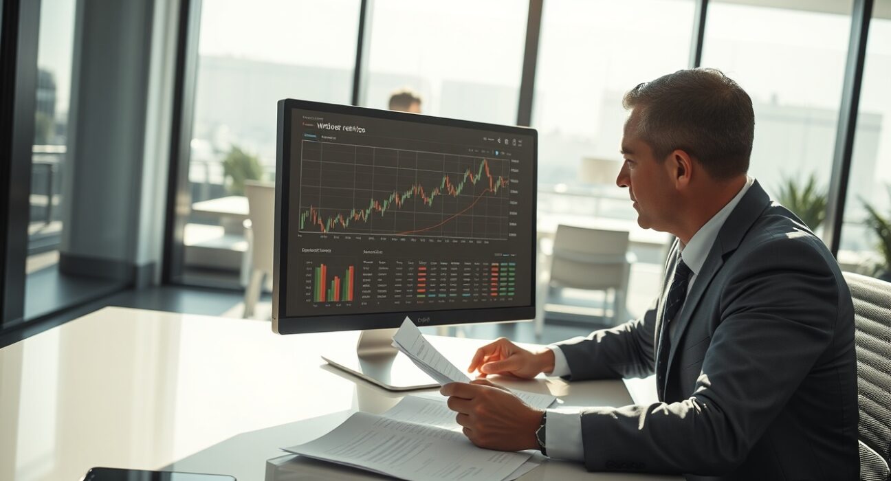 Financial analyst reviewing investment portfolio with stock charts on a computer monitor in a modern office