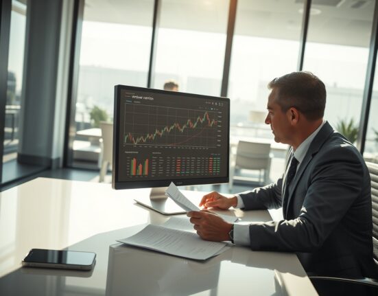Financial analyst reviewing investment portfolio with stock charts on a computer monitor in a modern office