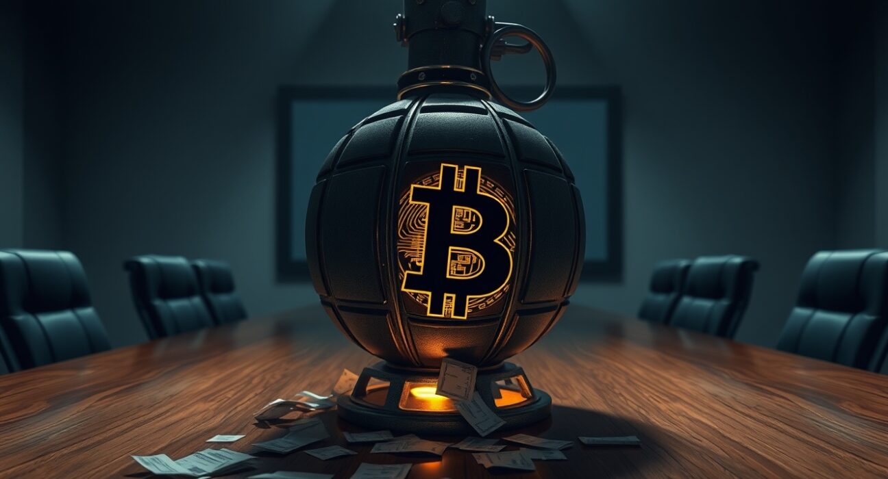 A Bitcoin-themed bomb on a corporate boardroom table, symbolizing financial risk.