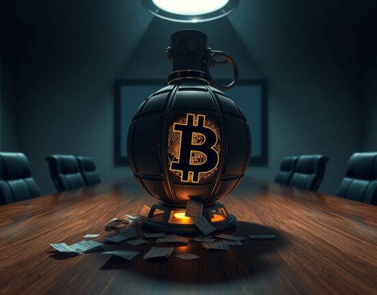 A Bitcoin-themed bomb on a corporate boardroom table, symbolizing financial risk.