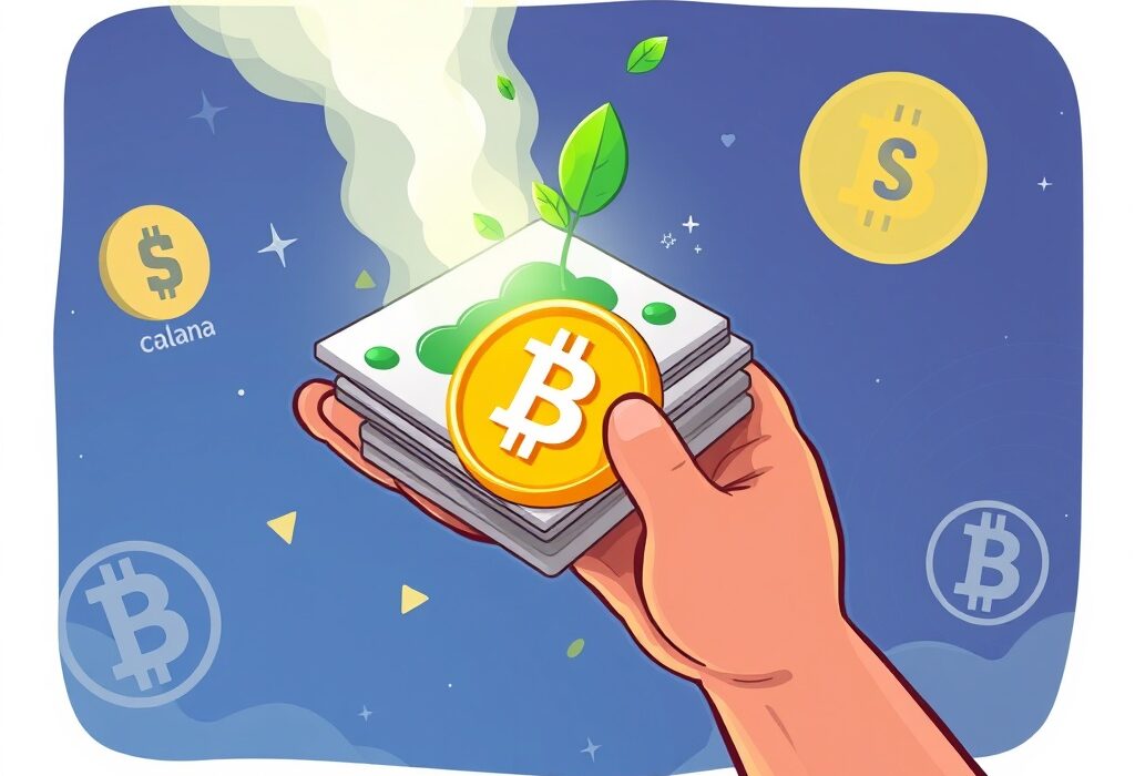 A cartoon illustrating the innovative fusion of blockchain technology and sustainable finance through carbon credit tokenization, with crypto symbols.