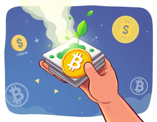 A cartoon illustrating the innovative fusion of blockchain technology and sustainable finance through carbon credit tokenization, with crypto symbols.