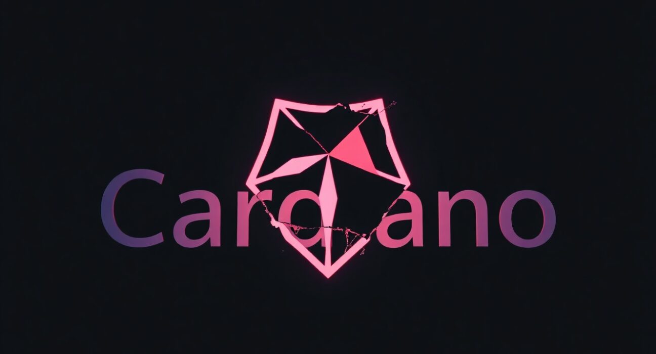 Cardano logo cracked and dimly lit against a dark background symbolizing price drop and ecosystem failures