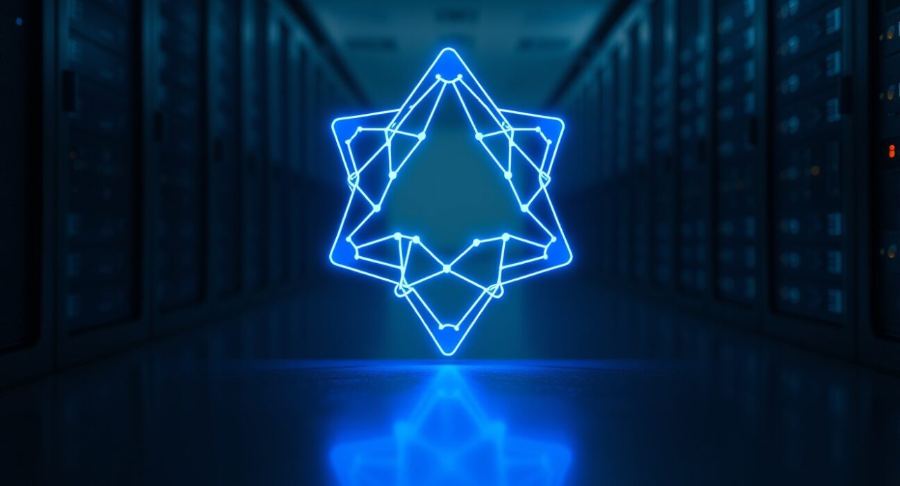 Digital rendering of the Cardano logo in a high-tech data center environment