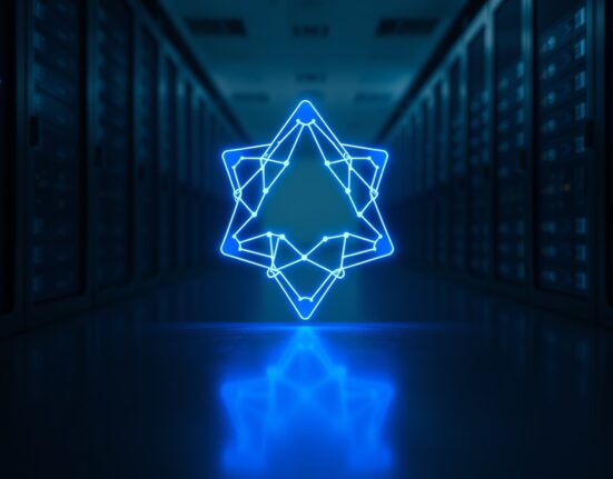 Digital rendering of the Cardano logo in a high-tech data center environment