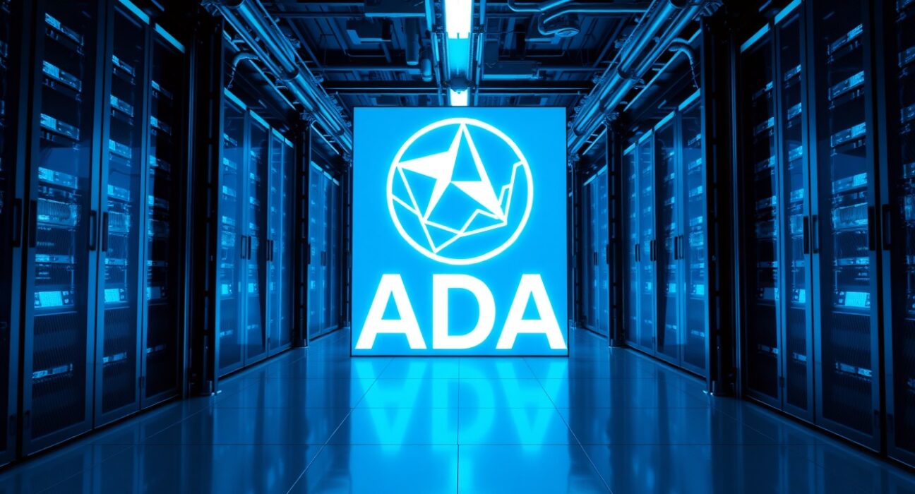 Cardano ADA logo on digital display with upward chart trend in modern data center