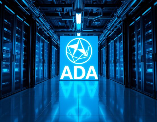 Cardano ADA logo on digital display with upward chart trend in modern data center