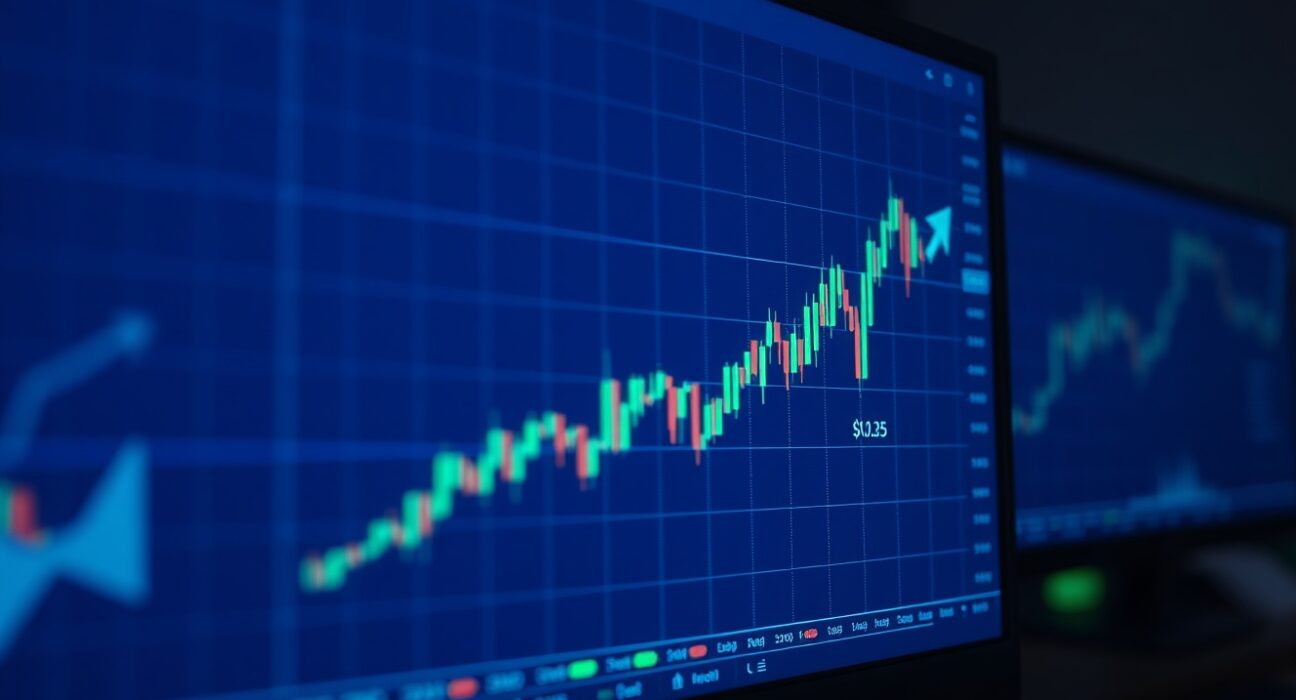 Trading screen showing Cardano ADA chart with support level at $0.25 and target arrow at $0.36 in a dimly lit office.