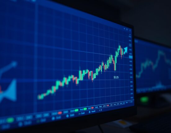 Trading screen showing Cardano ADA chart with support level at $0.25 and target arrow at $0.36 in a dimly lit office.