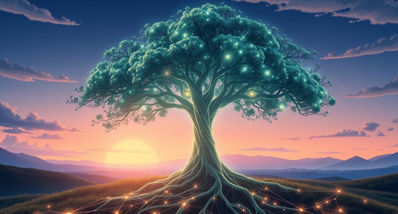 Cardano ADA blockchain technology visualized as a glowing digital tree in a futuristic landscape.