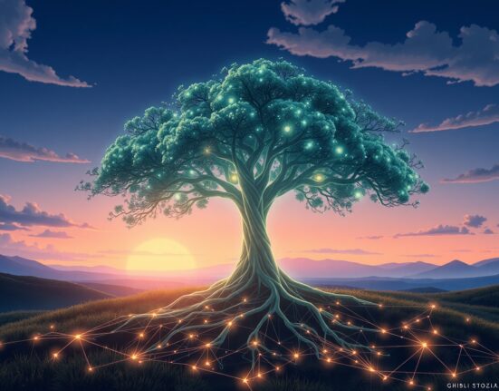 Cardano ADA blockchain technology visualized as a glowing digital tree in a futuristic landscape.