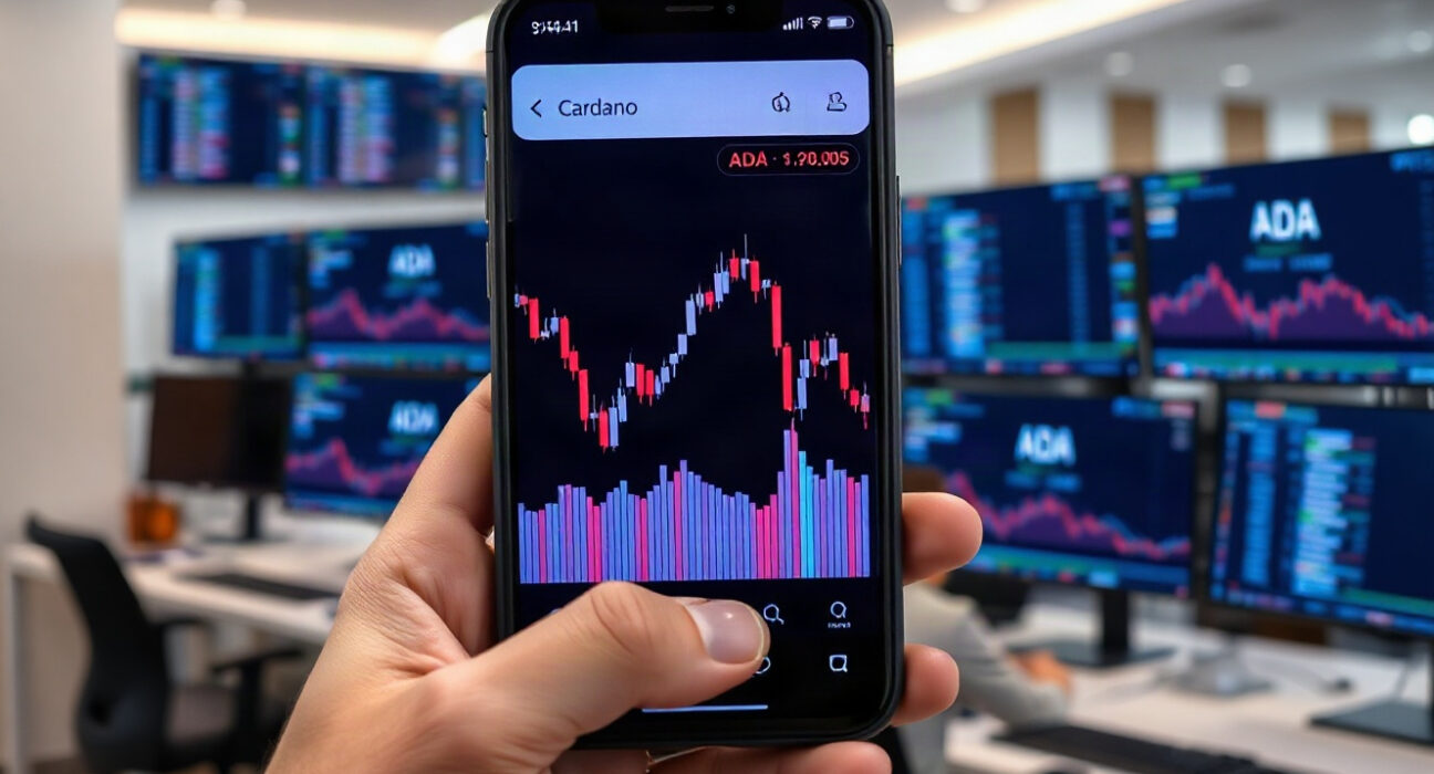 Trader holding smartphone showing Cardano ADA price chart with slight decline