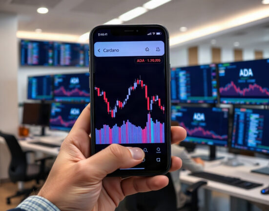 Trader holding smartphone showing Cardano ADA price chart with slight decline