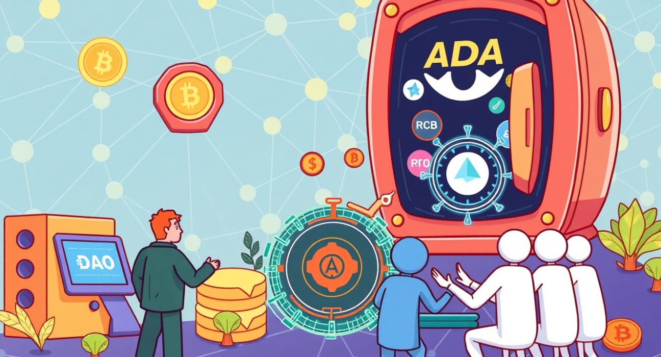 A cartoon illustration depicting a fund boosting Cardano DeFi liquidity, showing digital assets flowing into decentralized exchanges and lending protocols.