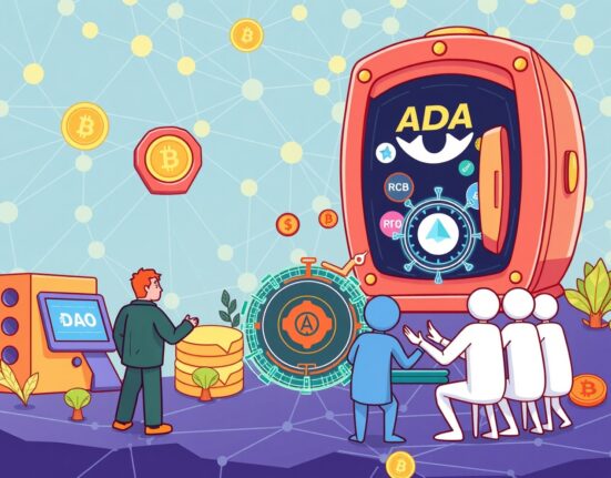 A cartoon illustration depicting a fund boosting Cardano DeFi liquidity, showing digital assets flowing into decentralized exchanges and lending protocols.