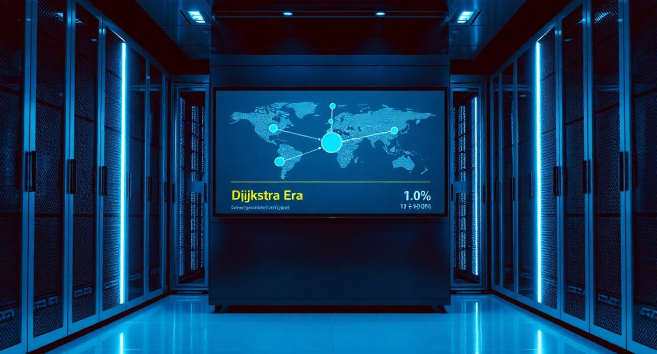 Cardano Dijkstra hard fork roadmap displayed on a digital screen in a modern server room