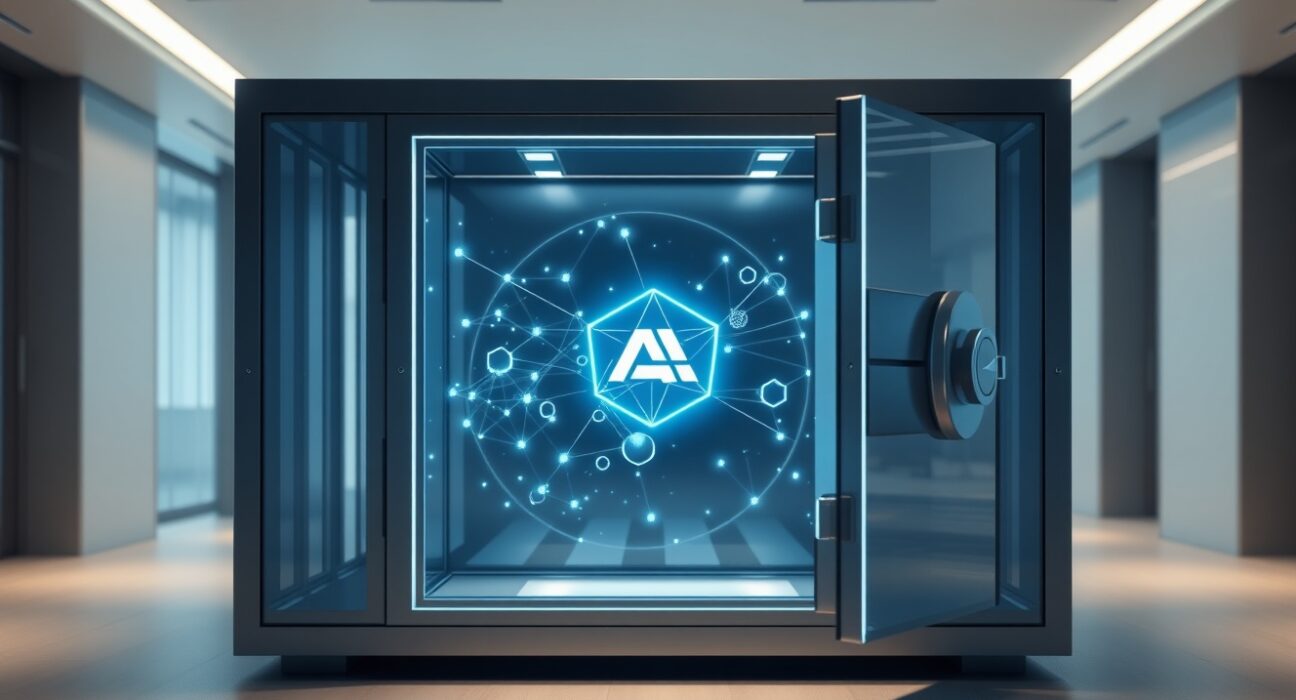 Cardano and Draper Dragon's $80 million ecosystem fund visualized as a secure vault containing the ADA blockchain network.