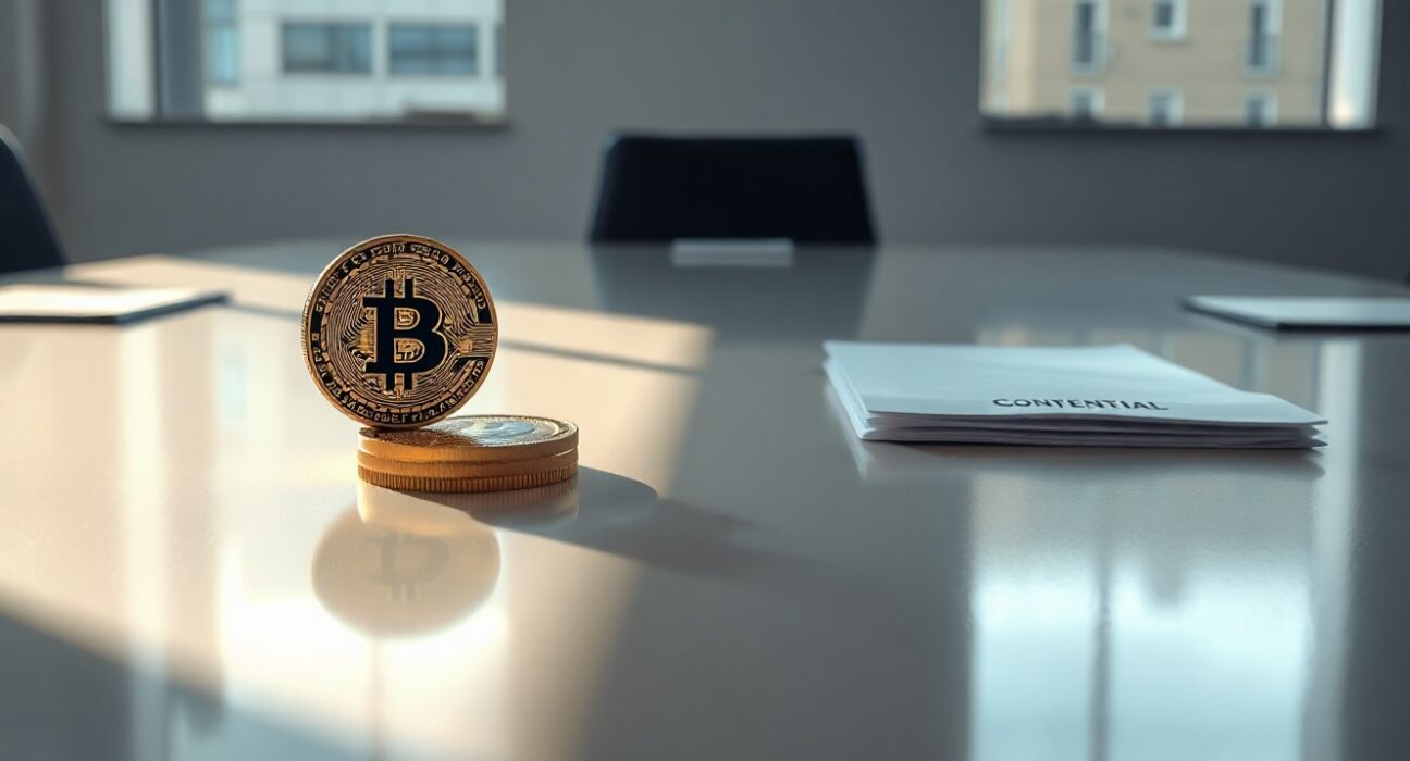 Bitcoin coins and Cardano logo on a boardroom table symbolizing financial transparency demands