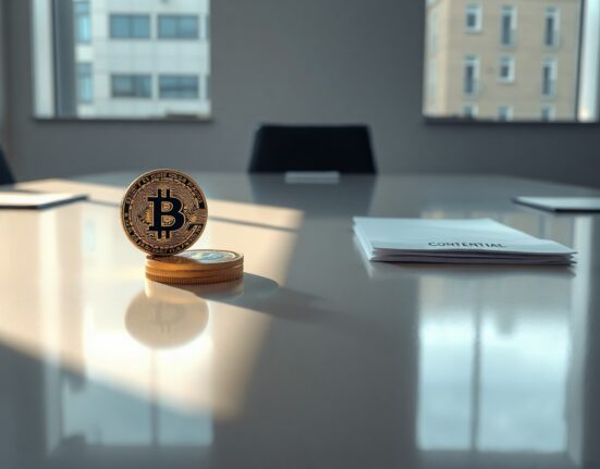 Bitcoin coins and Cardano logo on a boardroom table symbolizing financial transparency demands