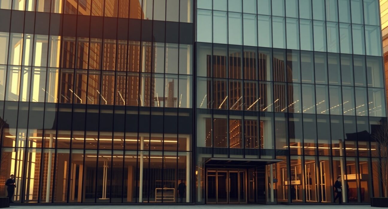 Modern office building with digital blockchain reflections, representing institutional finance and cryptocurrency integration.