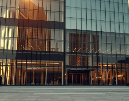 Modern office building with digital blockchain reflections, representing institutional finance and cryptocurrency integration.