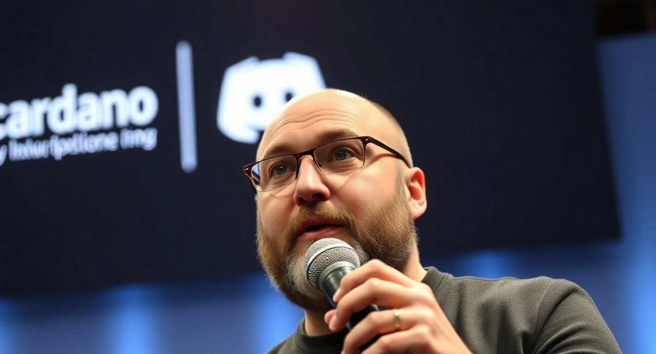 Charles Hoskinson speaking at a tech conference with Cardano and Discord logos on screen behind him.