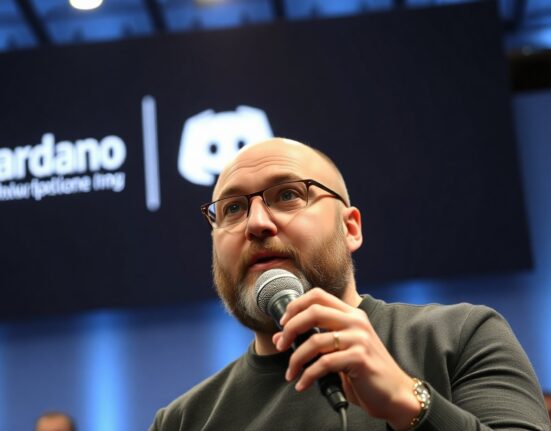 Charles Hoskinson speaking at a tech conference with Cardano and Discord logos on screen behind him.