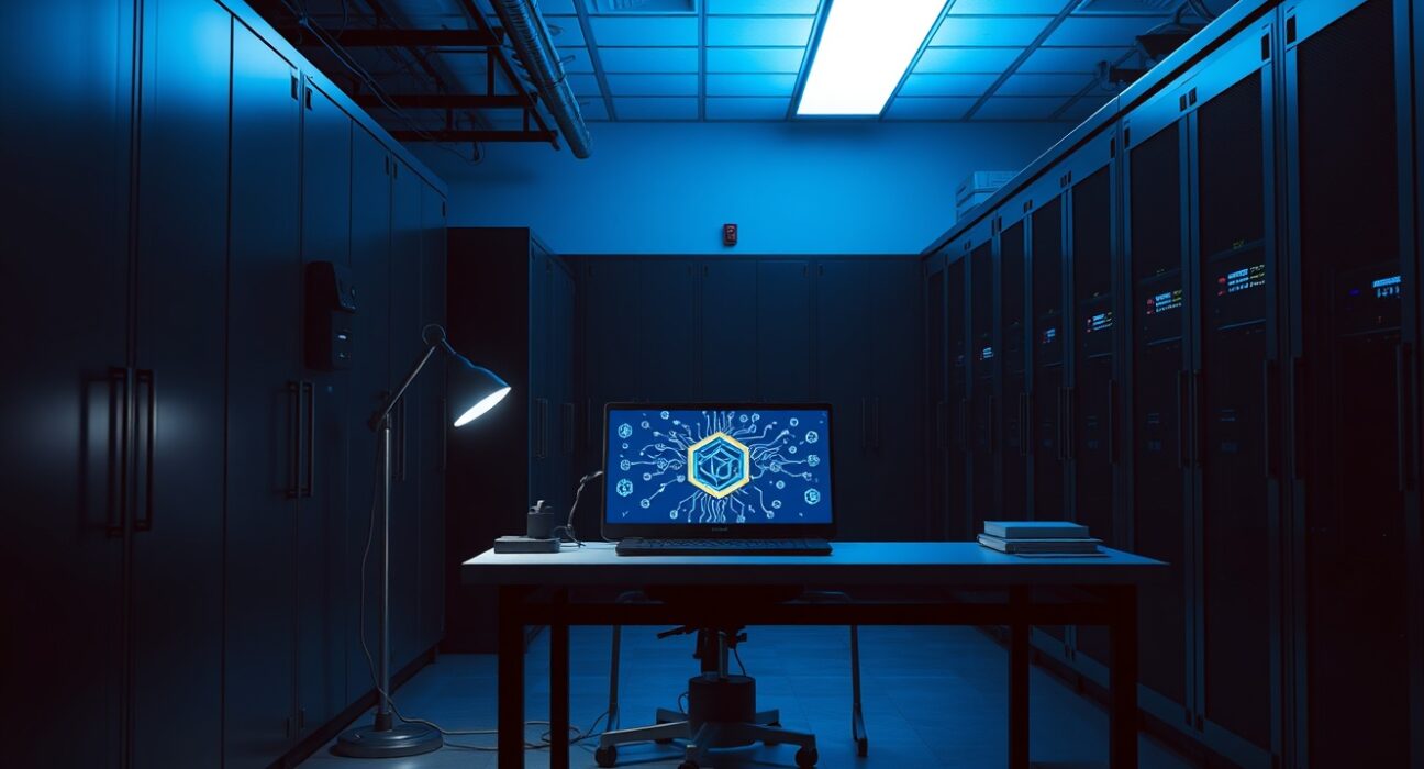 Empty research lab with blockchain diagram on computer screen, representing potential closure of Cardano development labs