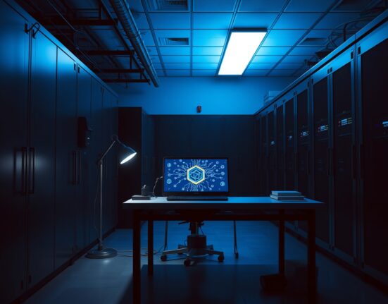 Empty research lab with blockchain diagram on computer screen, representing potential closure of Cardano development labs