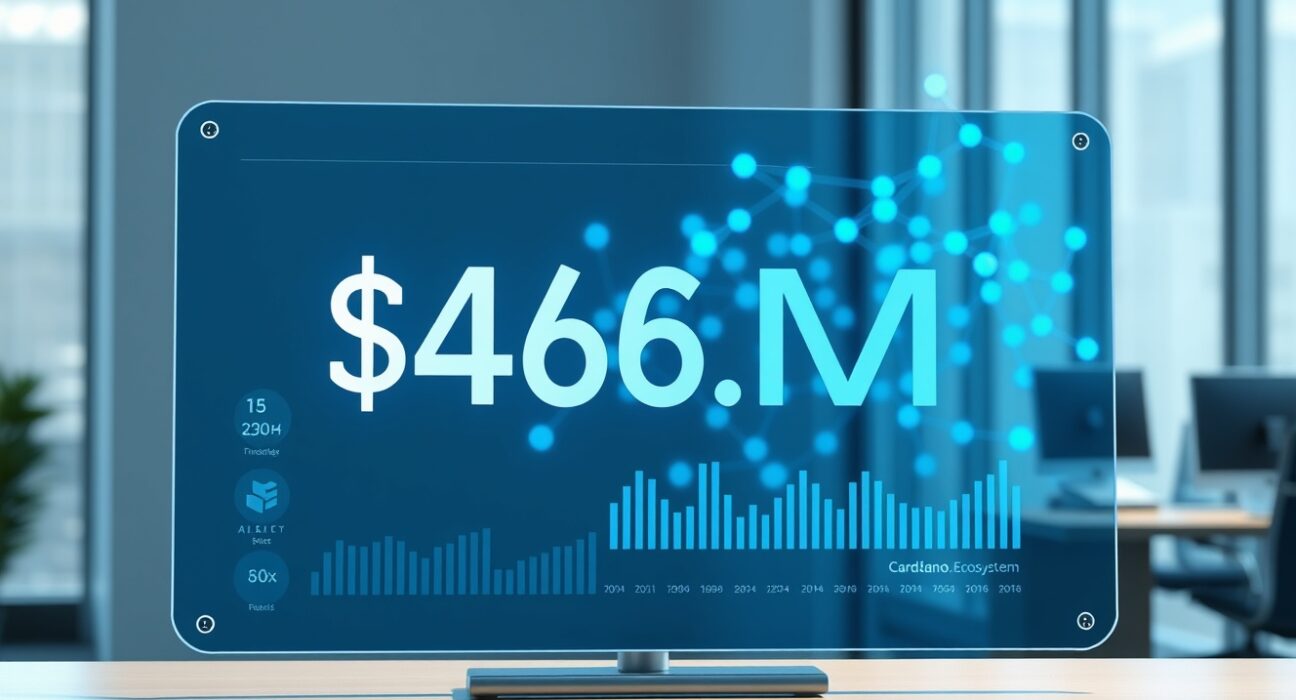 Financial dashboard showing Cardano developer Input Output's reduced $46.8M funding request for blockchain operations.