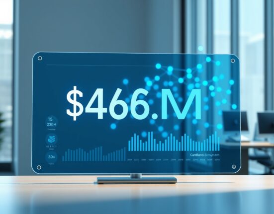 Financial dashboard showing Cardano developer Input Output's reduced $46.8M funding request for blockchain operations.