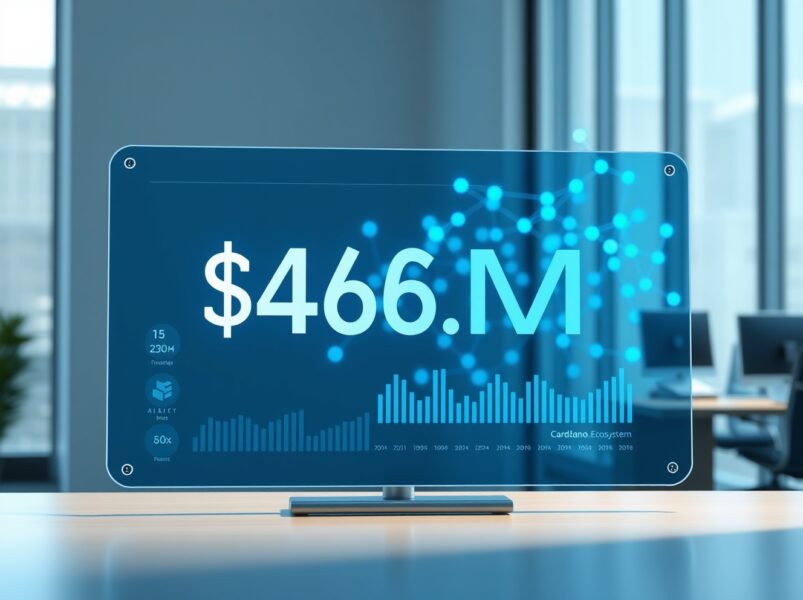 Financial dashboard showing Cardano developer Input Output's reduced $46.8M funding request for blockchain operations.