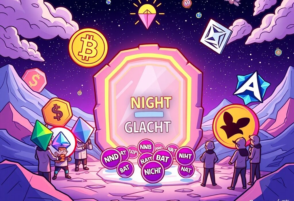 A cartoon illustration showing the Cardano Glacier airdrop portal distributing Midnight (NIGHT) tokens to various blockchain symbols.