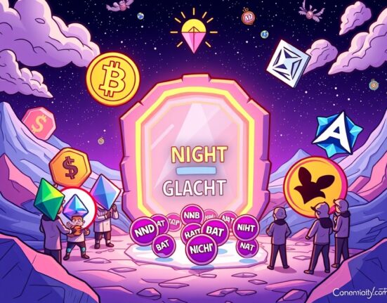 A cartoon illustration showing the Cardano Glacier airdrop portal distributing Midnight (NIGHT) tokens to various blockchain symbols.