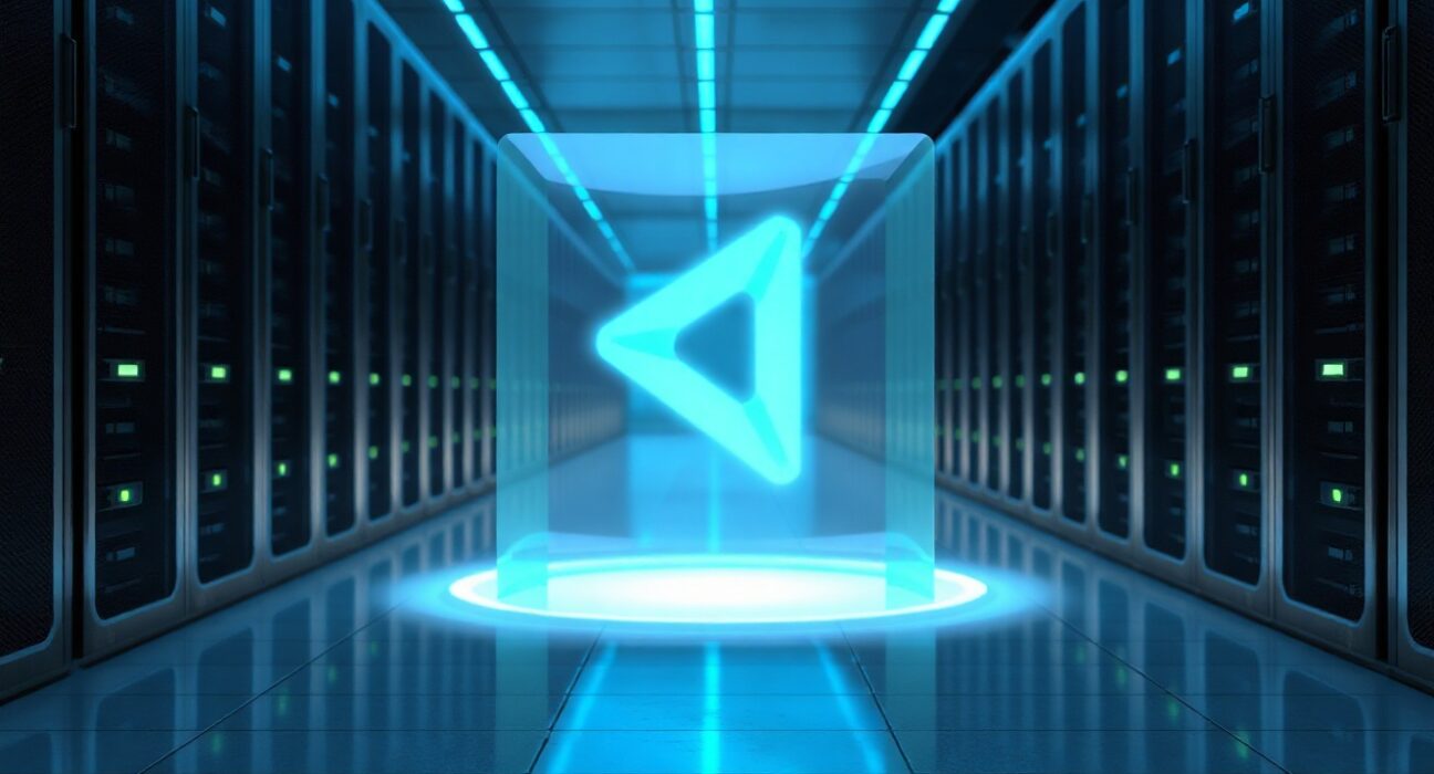 Cardano blockchain hologram in a modern data center representing infrastructure decentralization