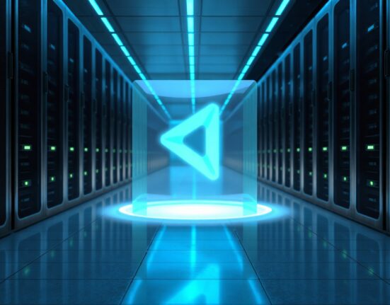 Cardano blockchain hologram in a modern data center representing infrastructure decentralization
