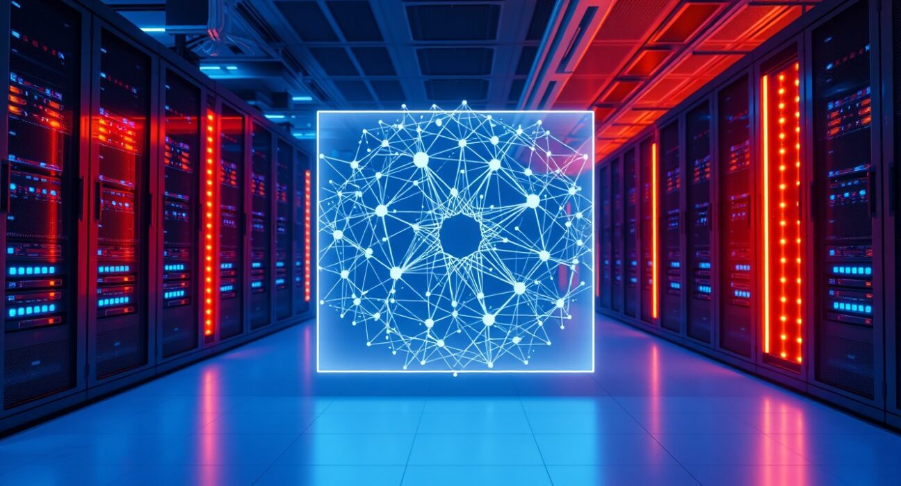 Holographic blockchain network display in a modern server room representing Cardano's Leios upgrade