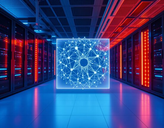 Holographic blockchain network display in a modern server room representing Cardano's Leios upgrade
