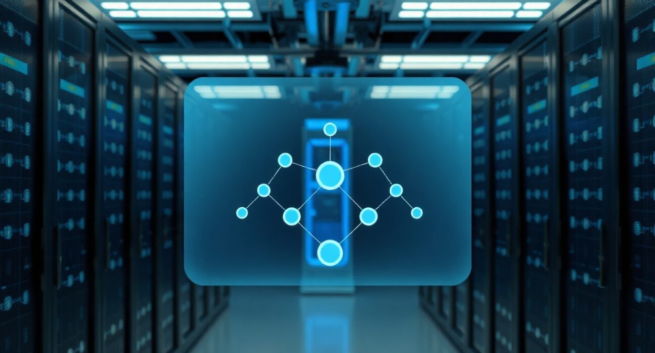 Holographic network diagram in a data center representing Cardano's Leios scalability testnet