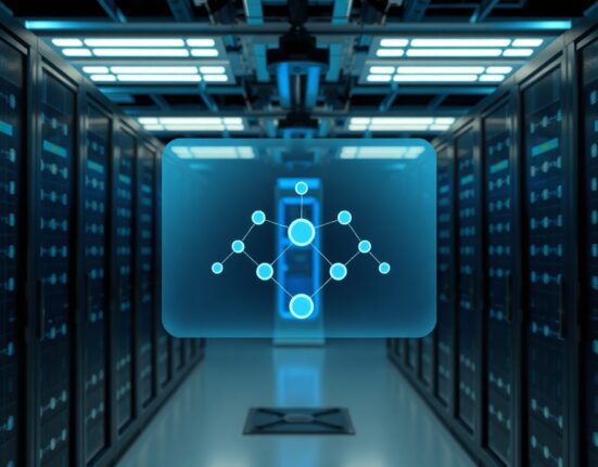 Holographic network diagram in a data center representing Cardano's Leios scalability testnet