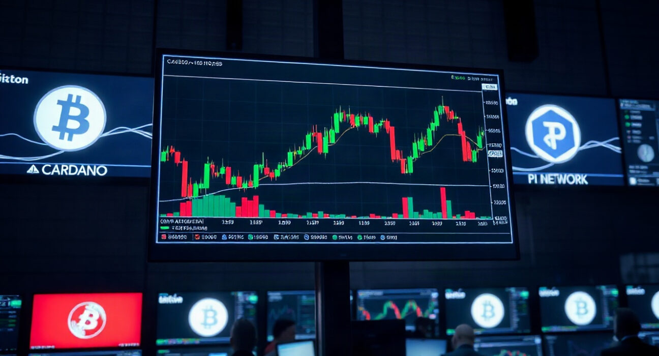 Trading screen showing cryptocurrency price charts for Bitcoin, Cardano, and Pi Network on August 24